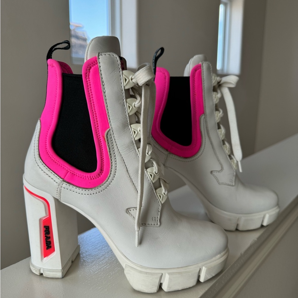 Prada White and Pink Chunky Heel Boots